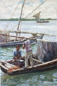 Painting of Kenyan Fishermen Cooking Lunch